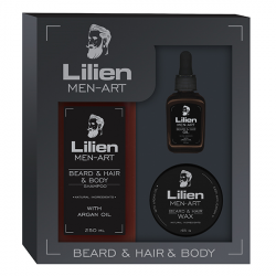 Lilien Men-Art Beard & Hair & Body Black univerzální šampon 250 ml + vyživující olej 50 ml + stylingový vosk na vlasy a vousy 45