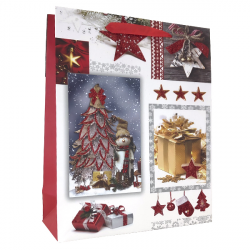 Dárková vánoční taška motiv Vánoční strom s červenými třpytkami 25,5x31x10cm